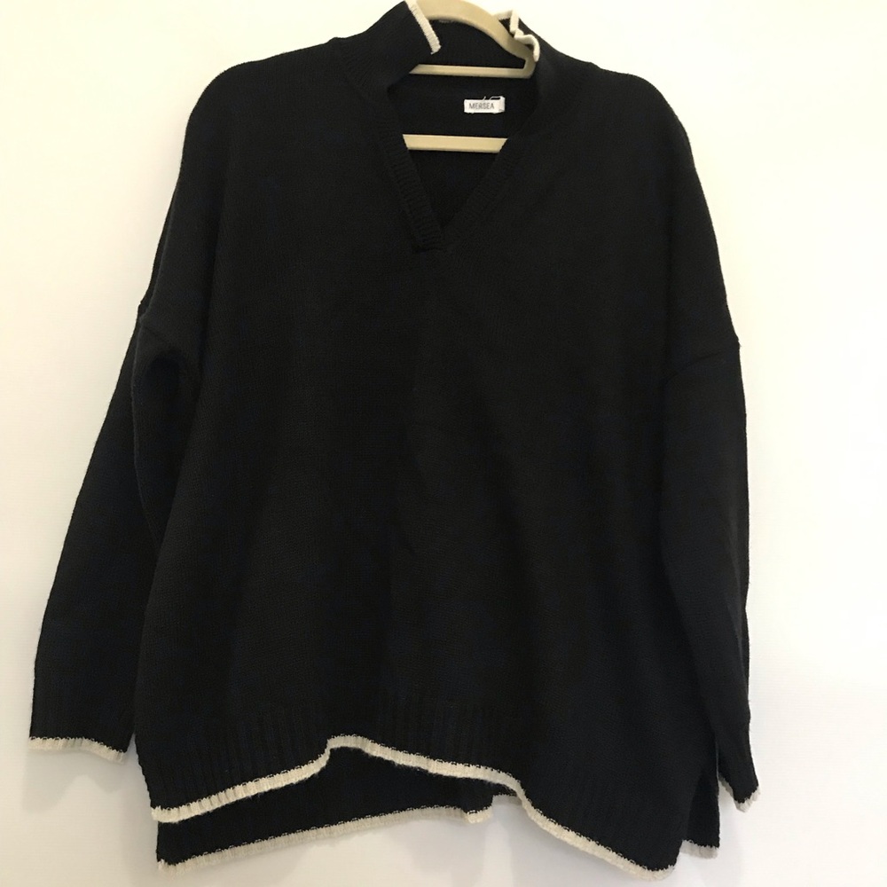Mersea Black V-Neck Contrast Hem Sweater / Poncho Size OS